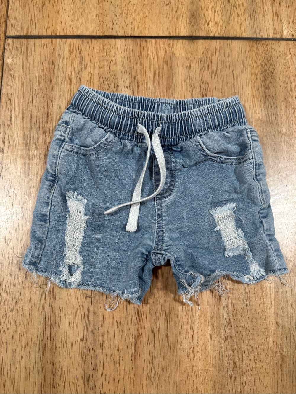 Kids Light Blue Distressed Denim Drawstring Shorts